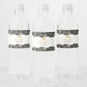 Étiquette Pour Bouteilles D'eau Quinceanera florale noire et or