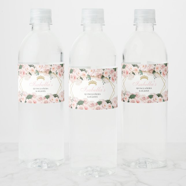 Étiquette Pour Bouteilles D'eau Quinceanera florale rose pâle (Bouteilles)