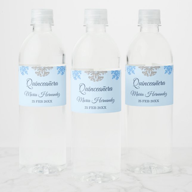 Étiquette Pour Bouteilles D'eau Quinceañera Ice Blue Silver Winter Snowflake (Bouteilles)