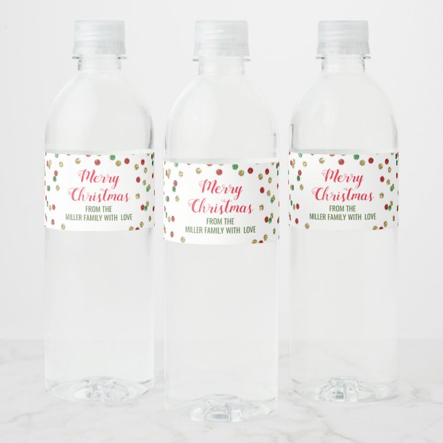 Étiquette Pour Bouteilles D'eau Red Green Gold Confetti Custom Joyeux Noël (Bouteilles)