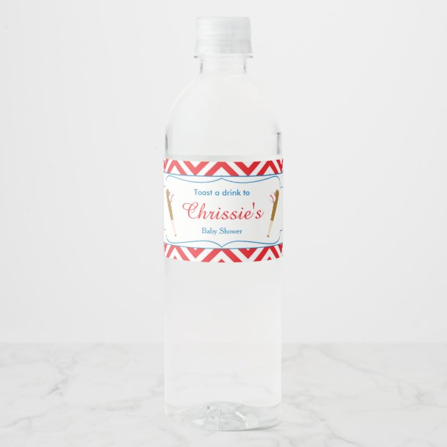 Étiquette Pour Bouteilles D'eau Red & White Chevron Baseball Baby (Devant)