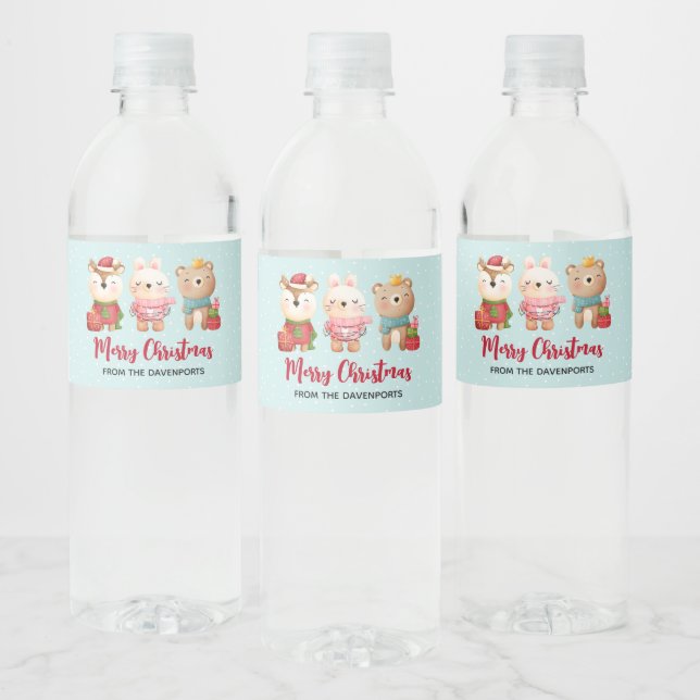 Étiquette Pour Bouteilles D'eau Rennes, ours et lapin Joyeux Noël (Bouteilles)