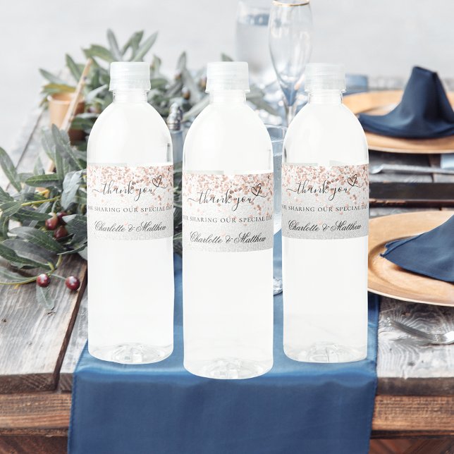 Étiquette Pour Bouteilles D'eau Rose argent or boho script mariage merci (Créateur téléchargé)