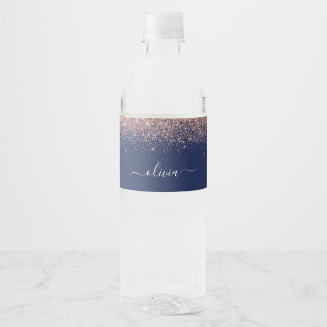 Étiquette Pour Bouteilles D'eau Rose bleu marine Gold Blush Pink Parties scintilla (Devant)