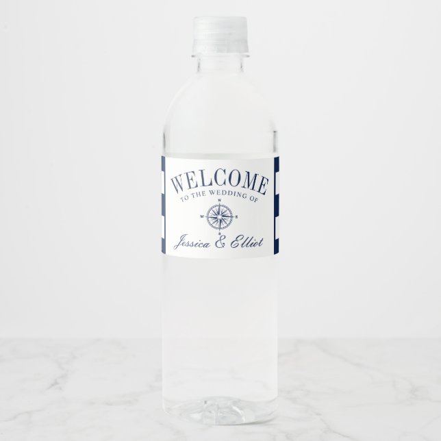 Étiquette Pour Bouteilles D'eau Rose Compass | Accueil du Mariage nautique (Devant)