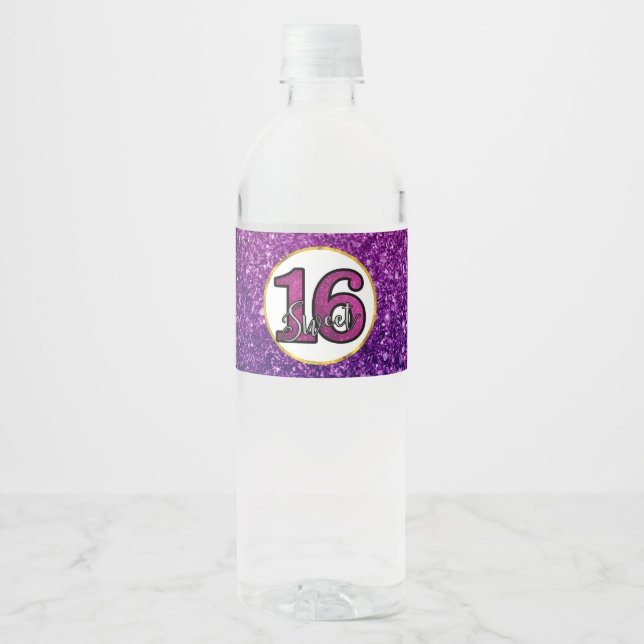 Étiquette Pour Bouteilles D'eau Rose & Purple Sweet 16 Parties scintillant étincel (Devant)