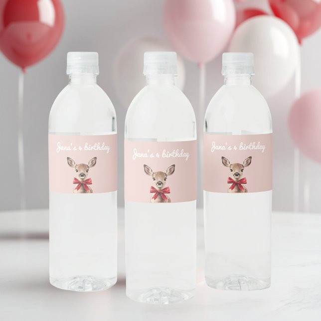 Étiquette Pour Bouteilles D'eau Rose & Red Deer | Fête d'anniversaire de Woodland (Créateur téléchargé)