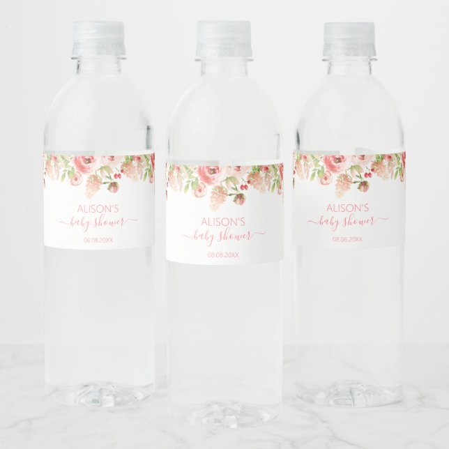 Étiquette Pour Bouteilles D'eau Rose Rose Floral Vert Fille Baby shower (Bouteilles)