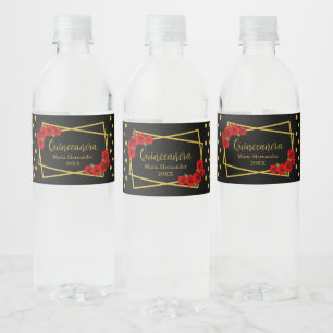 Étiquette Pour Bouteilles D'eau Rose rouge Noir et or Quinceañera
