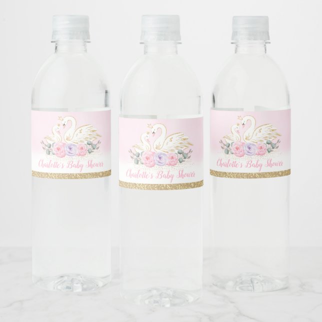 Étiquette Pour Bouteilles D'eau Rose Violet Floral Swan Princess Baby shower Favor (Bouteilles)