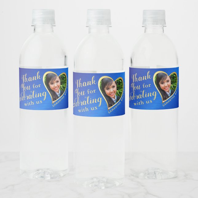 Étiquette Pour Bouteilles D'eau Royal Blue and Gold Merci 2025 Graduation (Bouteilles)