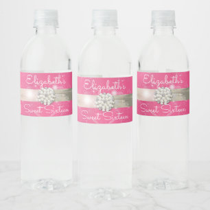 Étiquette Pour Bouteilles D'eau Rubans Satin Argenté Perles I Diamants Roses