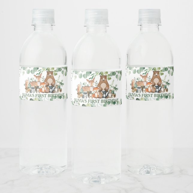 Étiquette Pour Bouteilles D'eau Rustique Chic Vert Bois Animaux Anniversaire (Bouteilles)