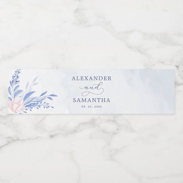 Étiquette Pour Bouteilles D'eau Rustique Dusty Blue Aquarelle Feuille Mariage or (Étiquettes simples)