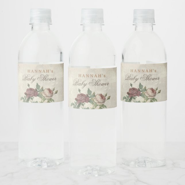 Étiquette Pour Bouteilles D'eau Rustique Floral Baby shower moderne Bourgogne (Bouteilles)