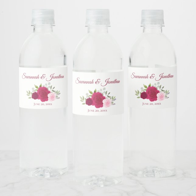 Étiquette Pour Bouteilles D'eau Rustique rose chaud Magenta & Blush Rose Mariage (Bouteilles)