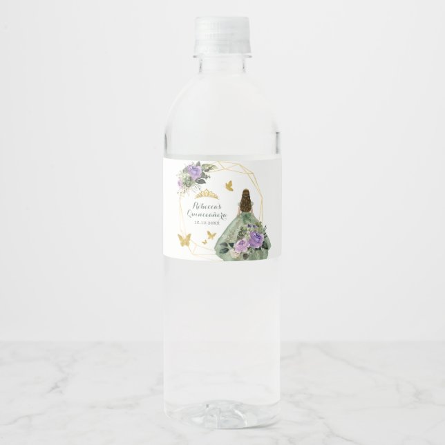 Étiquette Pour Bouteilles D'eau Sage Green Purple Quinceañera (Devant)