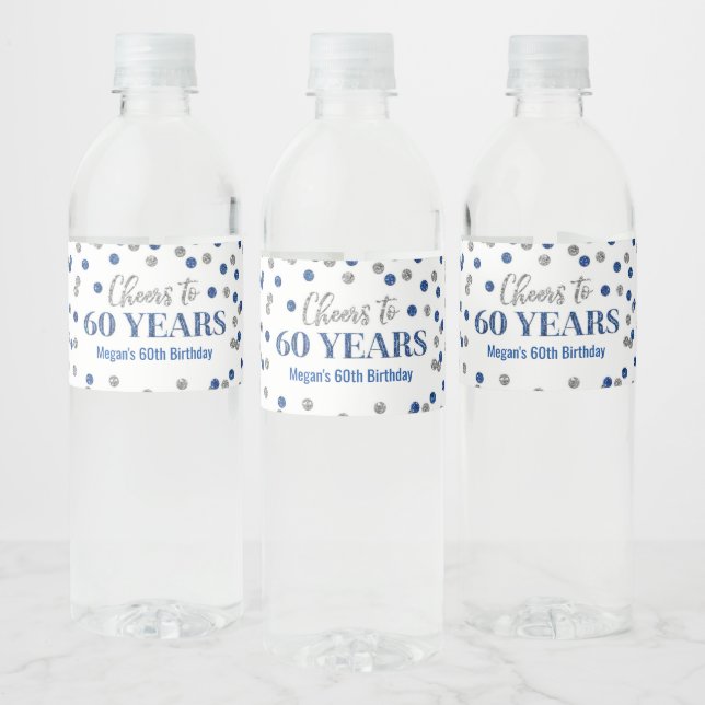 Étiquette Pour Bouteilles D'eau Salutations à 60 ans Bleu Argent Confetti Annivers (Bouteilles)
