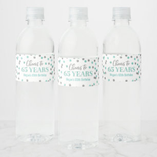 Étiquette Pour Bouteilles D'eau Salutations à 65 ans Aqua Silver Confetti Annivers