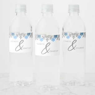 Étiquette Pour Bouteilles D'eau Silver Blue Snowflakes Mariage d'hiver