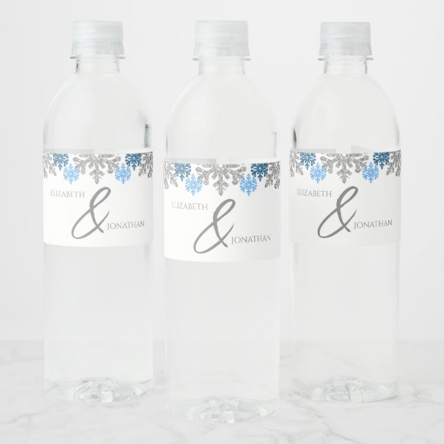 Étiquette Pour Bouteilles D'eau Silver Blue Snowflakes Mariage d'hiver (Bouteilles)