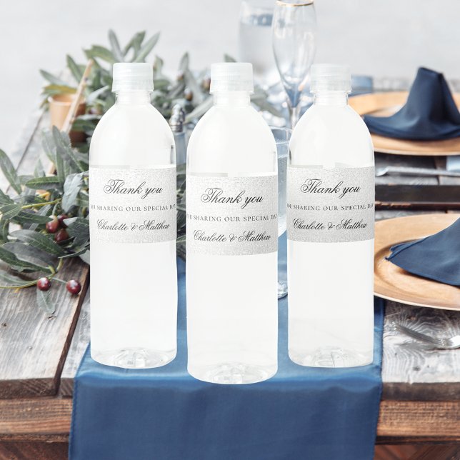 Étiquette Pour Bouteilles D'eau Silver élégant script mariage merci (Créateur téléchargé)