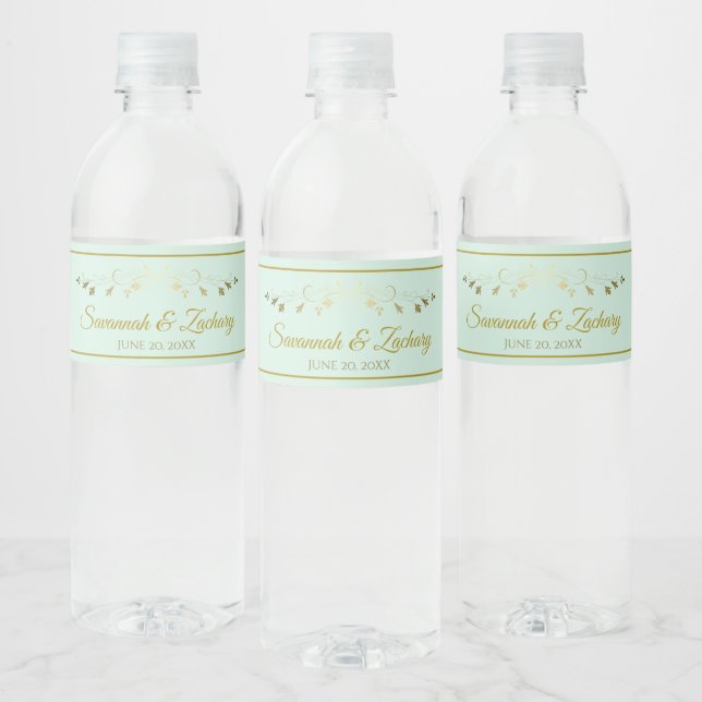 Étiquette Pour Bouteilles D'eau Simple Elegance Flourish Mint Green & Gold Mariage (Bouteilles)