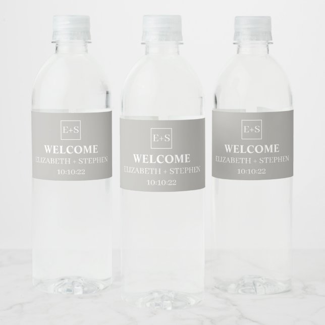 Étiquette Pour Bouteilles D'eau Simple Monogramme Gris et Mariage blanc (Bouteilles)