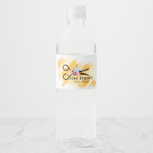 Étiquette Pour Bouteilles D'eau Styliste de cheveux floraux ciseaux d'or et beauté