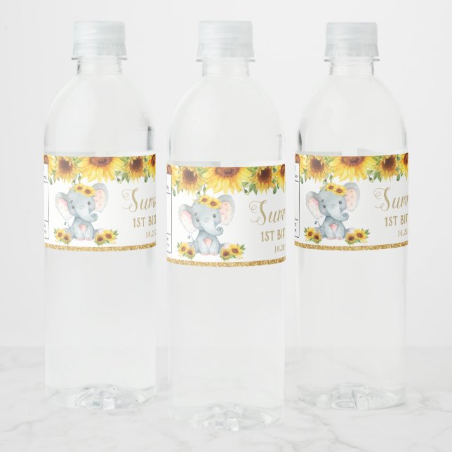 Étiquette Pour Bouteilles D'eau Sunflower Elephant 1er Premier anniversaire Favori (Bouteilles)