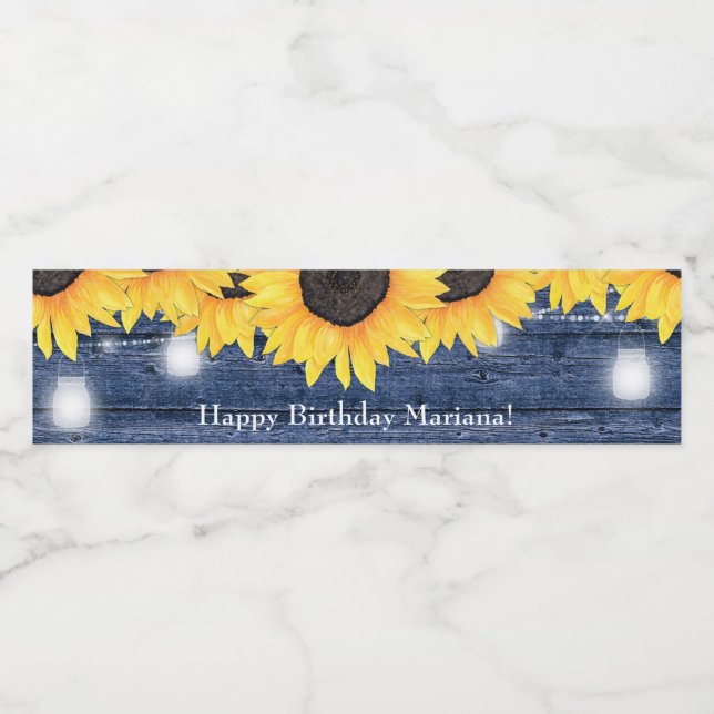 Étiquette Pour Bouteilles D'eau Sunflowers String Lights Blue Anniversaire Party (Étiquettes simples)