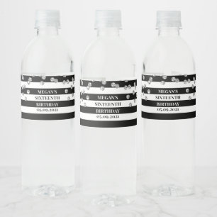 Étiquette Pour Bouteilles D'eau Sweet 16 Anniversaire Argent Confetti Black Stripe