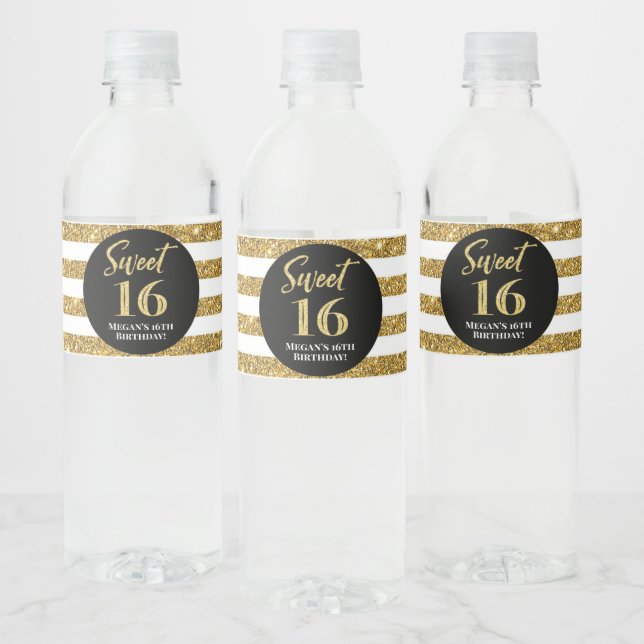 Étiquette Pour Bouteilles D'eau Sweet 16 Anniversaire Black Gold Stripes (Bouteilles)