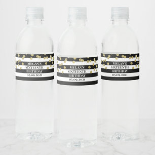 Étiquette Pour Bouteilles D'eau Sweet 16 Anniversaire Gold Confetti Black Stripes