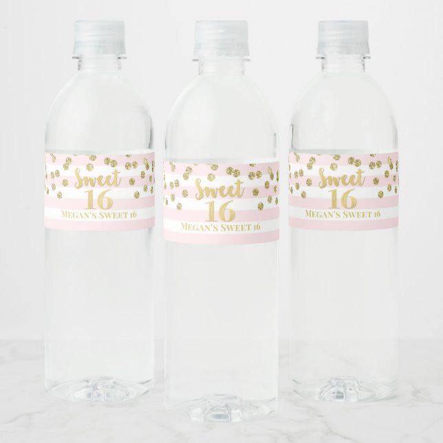 Étiquette Pour Bouteilles D'eau Sweet 16 Anniversaire Gold Confetti Pink Stripes (Bouteilles)
