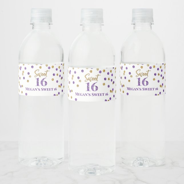 Étiquette Pour Bouteilles D'eau Sweet 16 Anniversaire Purple Gold Confetti (Bouteilles)
