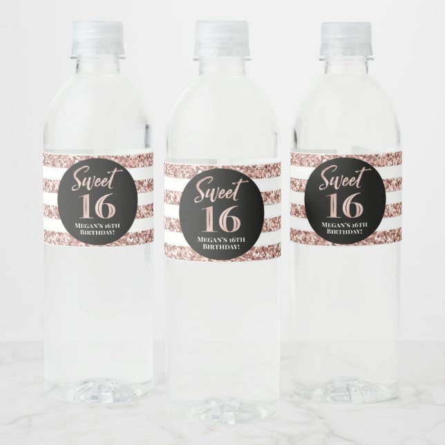 Étiquette Pour Bouteilles D'eau Sweet 16 Anniversaire Rose Gold Stripes (Bouteilles)