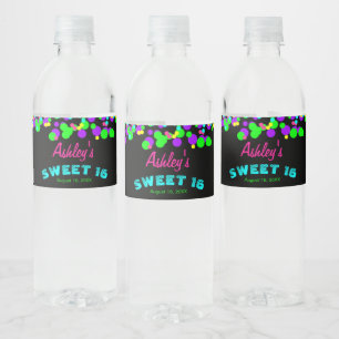 Étiquette Pour Bouteilles D'eau Sweet 16 Neon Glow Confetti fête d'anniversaire