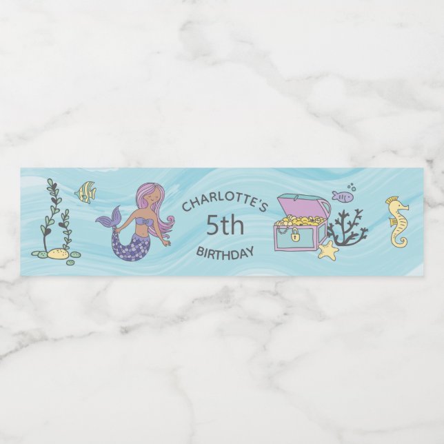 Étiquette Pour Bouteilles D'eau Tan Skin Purple Sirène Anniversaire (Étiquettes simples)