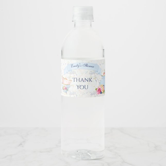 Étiquette Pour Bouteilles D'eau Tea Party Teapot bleu blanc rose (Devant)