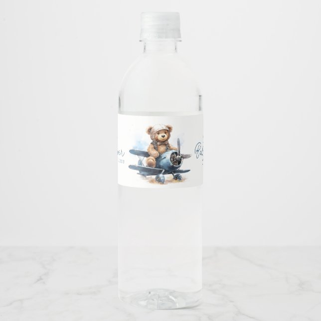 Étiquette Pour Bouteilles D'eau Teddy Bear Avion Aquarelle Baby shower garçon (Devant)