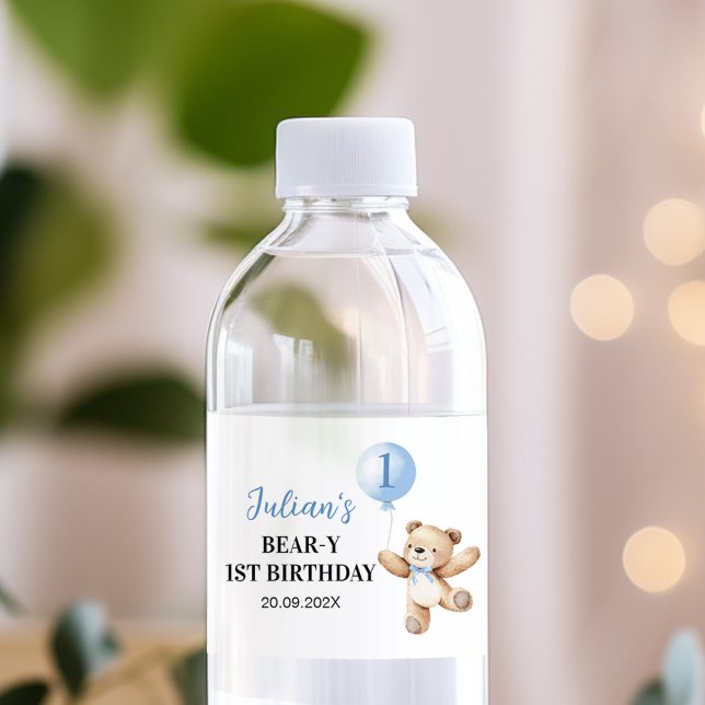 Étiquette Pour Bouteilles D'eau Teddy Bear Blue Balloon Beary Premier anniversaire (Créateur téléchargé)