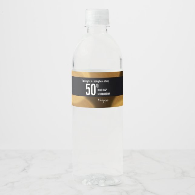 Étiquette Pour Bouteilles D'eau Thème or et noir, 50ème anniversaire (Devant)
