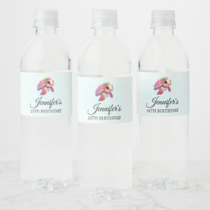 Étiquette Pour Bouteilles D'eau Tortue de mer rose Whimsical & mignonne Party