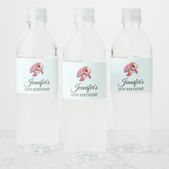 Étiquette Pour Bouteilles D'eau Tortue de mer rose Whimsical & mignonne Party (Bouteilles)