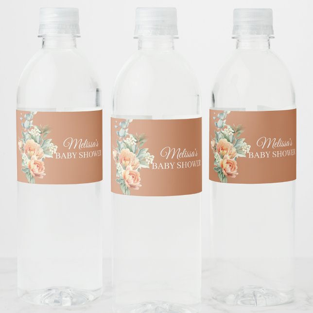 Étiquette Pour Bouteilles D'eau Tourbe de pêche de corail rustique boho vert (Créateur téléchargé)