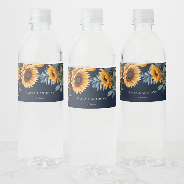 Étiquette Pour Bouteilles D'eau tournesol rustique bleu marine mariage de automne  (Bouteilles)