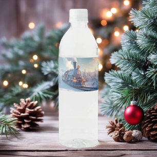 Étiquette Pour Bouteilles D'eau Train à vapeur vintage Hiver Montagnes neigeuses