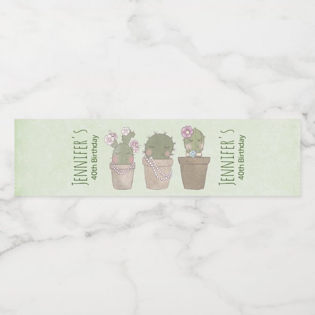 Étiquette Pour Bouteilles D'eau Trio Cactus mignonne portant bijoux Anniversaire (Étiquettes simples)
