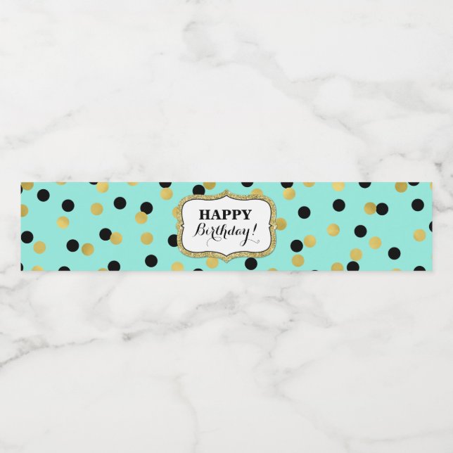 Étiquette Pour Bouteilles D'eau Turquoise Black Gold Confetti Joyeux Anniversaire! (Étiquettes simples)